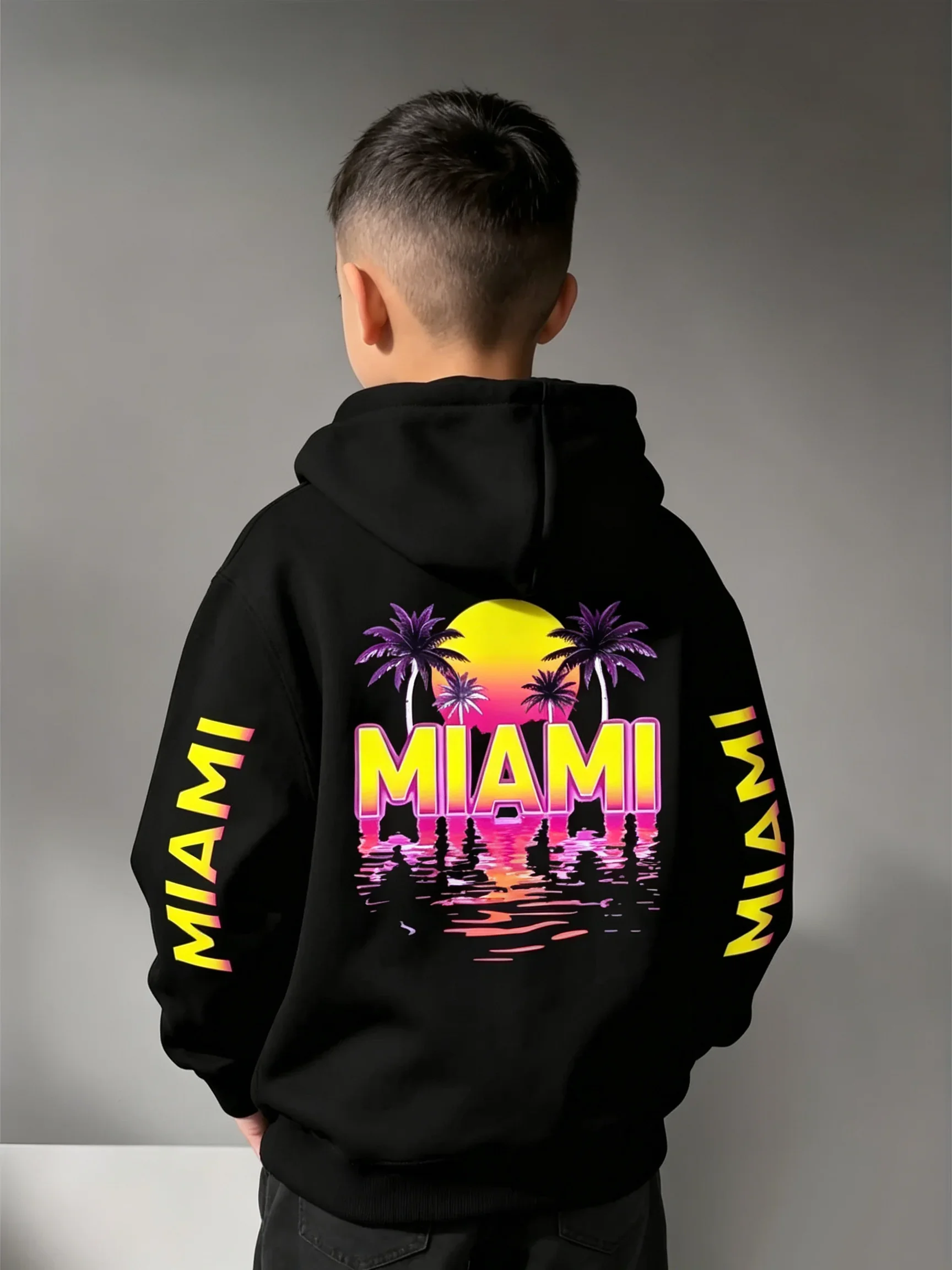 Kids Miami Sunset Palm Tree Graphic Hoodie Boys Girls Back & Sleeve Print Unisex Loose Autumn Winter Hooded Sweatshirt