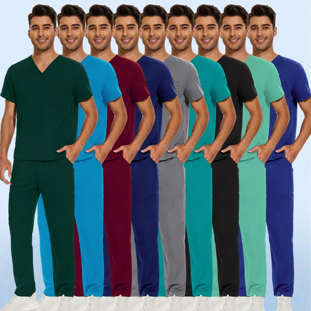 Unisex Médico Uniforme Elastic Scrubs Set, Uniforme de Hospital, Workwear reta, Doutor, Enfermeira, Top, Calças, Acessórios de Enfermagem, 12 Cor