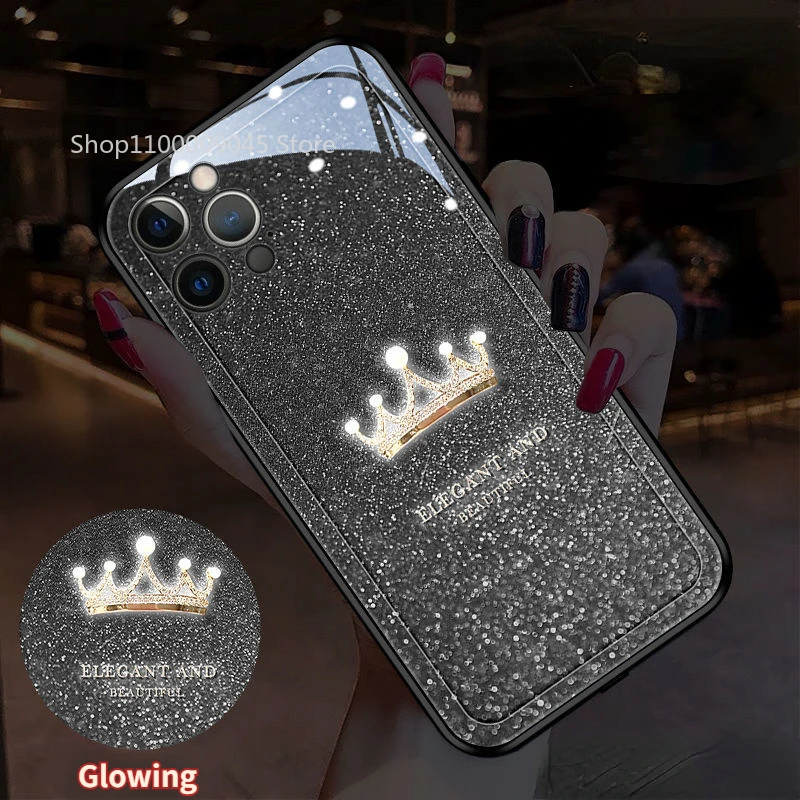 

Crown LED Light Glowing Luminous Tempered Glass Back Phone Case For iPhone 15 14 13 12 11 Pro Max X XR XS 7 8 plus mini Cover