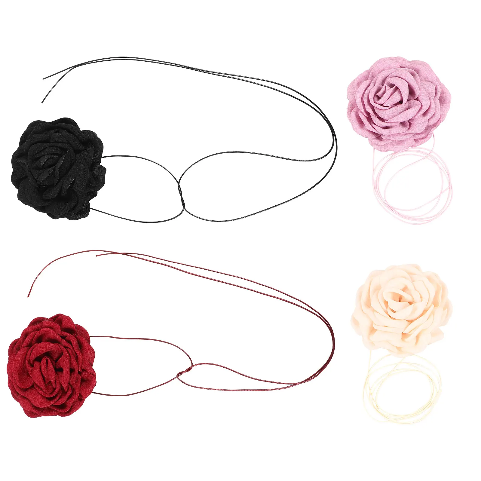 

4 Pcs Big Flower Necklace Girl Choker Cute Rose Long for Women Chokers Fabric Necklaces Chain Woman Girlfriend Women's