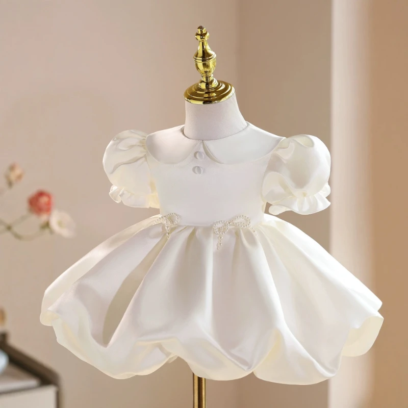 2026 Children Girls Party Dress Birthday Princess Gown Wedding Flower Girl Tutu White Puff Sleeve Kids Formal Attire Costume