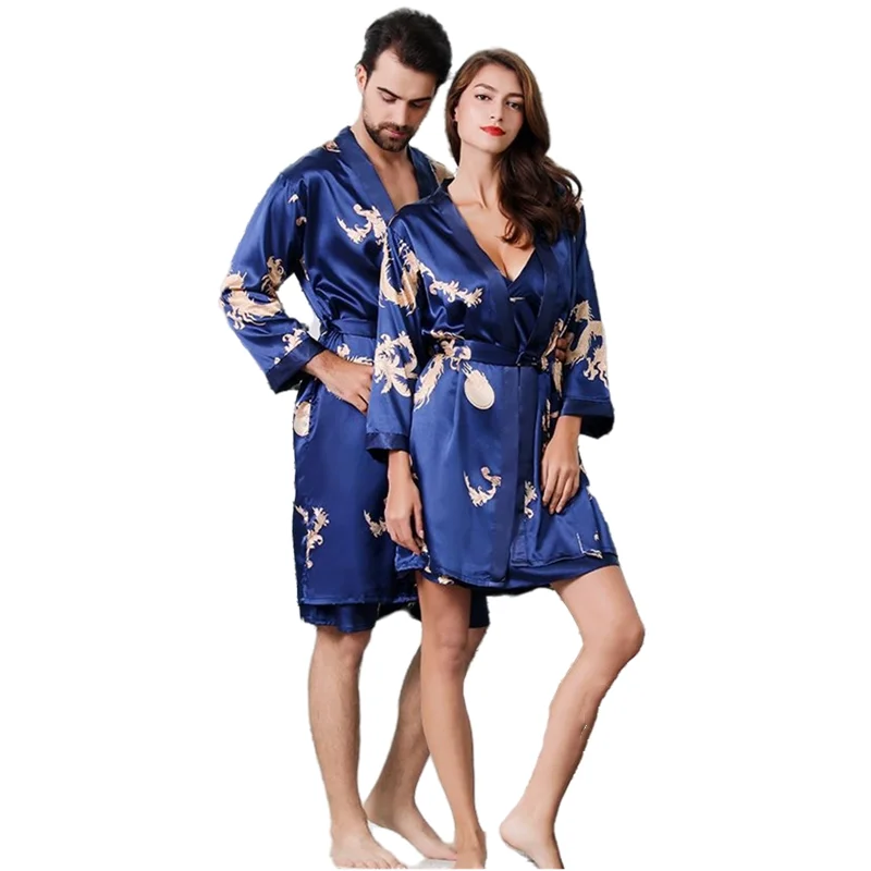 Men Stain Silk Robe Shorts Set Women's 2pcs Soft Cozy Satin Nightgown Couples Lounge Pajama Nightwear Home Clothes