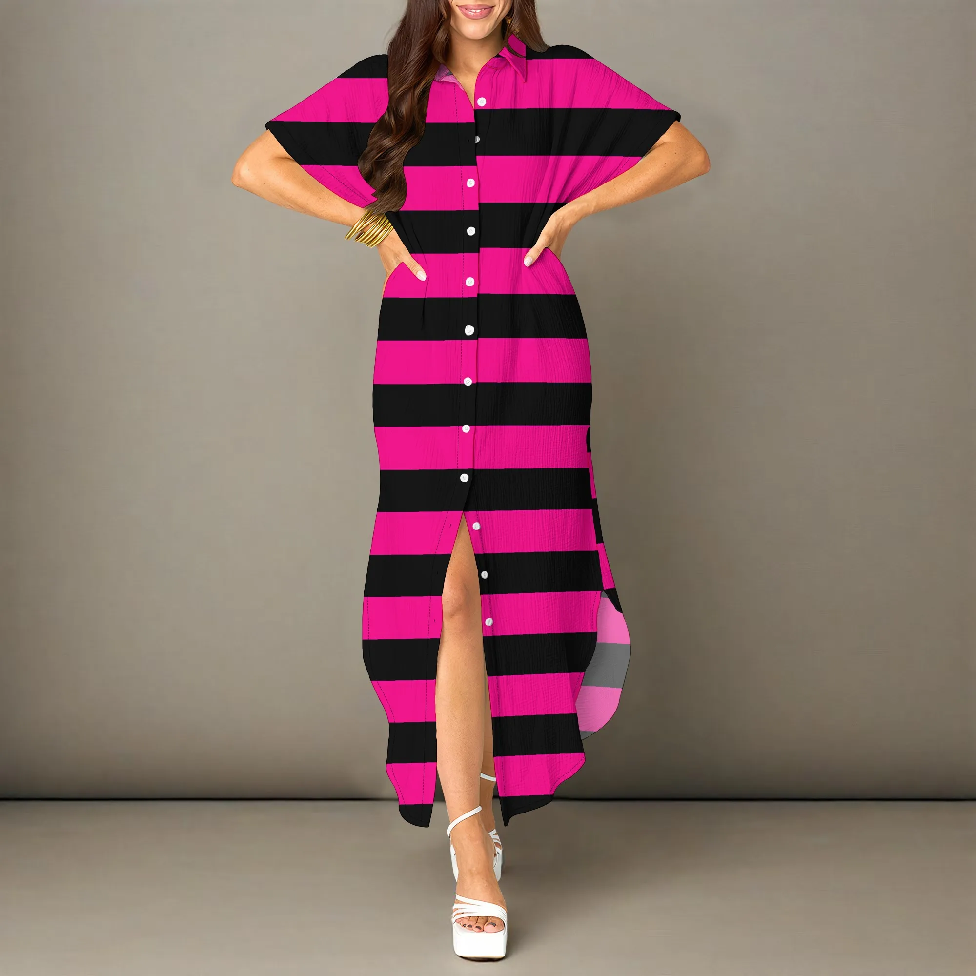 

Nupusa Striped Print Dress for Women Regular Size Summer Casual Shirt Neck Short Sleeve High - Low Dress