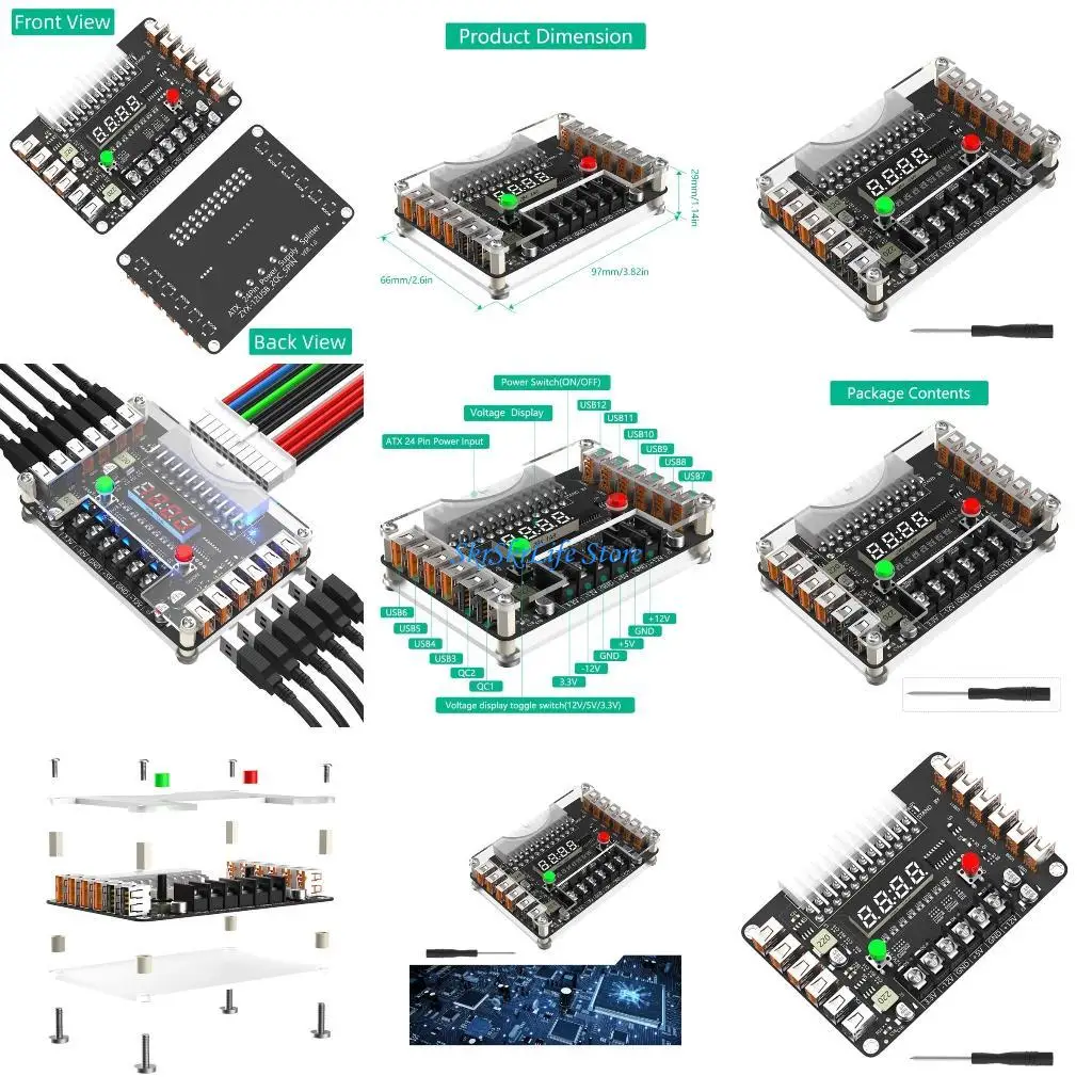 

E65E 24Pin To 12Port USB Power Supply Adapter Board Voltages Display Toggle Switches For Multiple Hard Drives