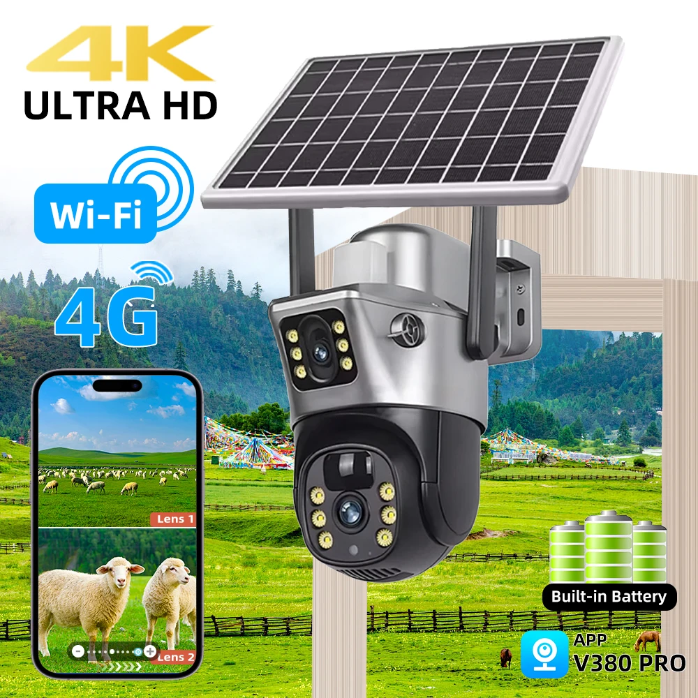 8MP 4G SIM Card Solar Camera Outdoor Wireless CCTV Surveillance Camera With Solar Panel Dual Lens PTZ IP Cam Security Protection