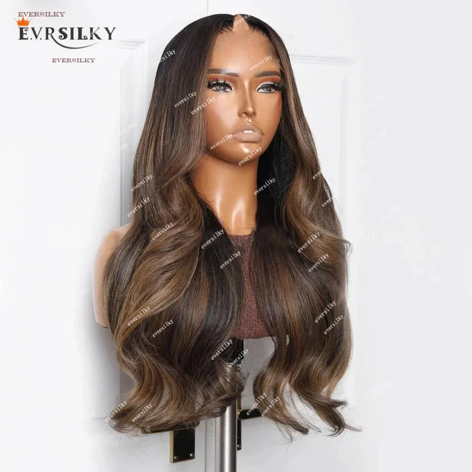 Highlights Light Brown Chocolate Body Wave V Part Wig 100% Human Hair  Loose Wavy Middle/Side Blonde U Shape Full End 250Density