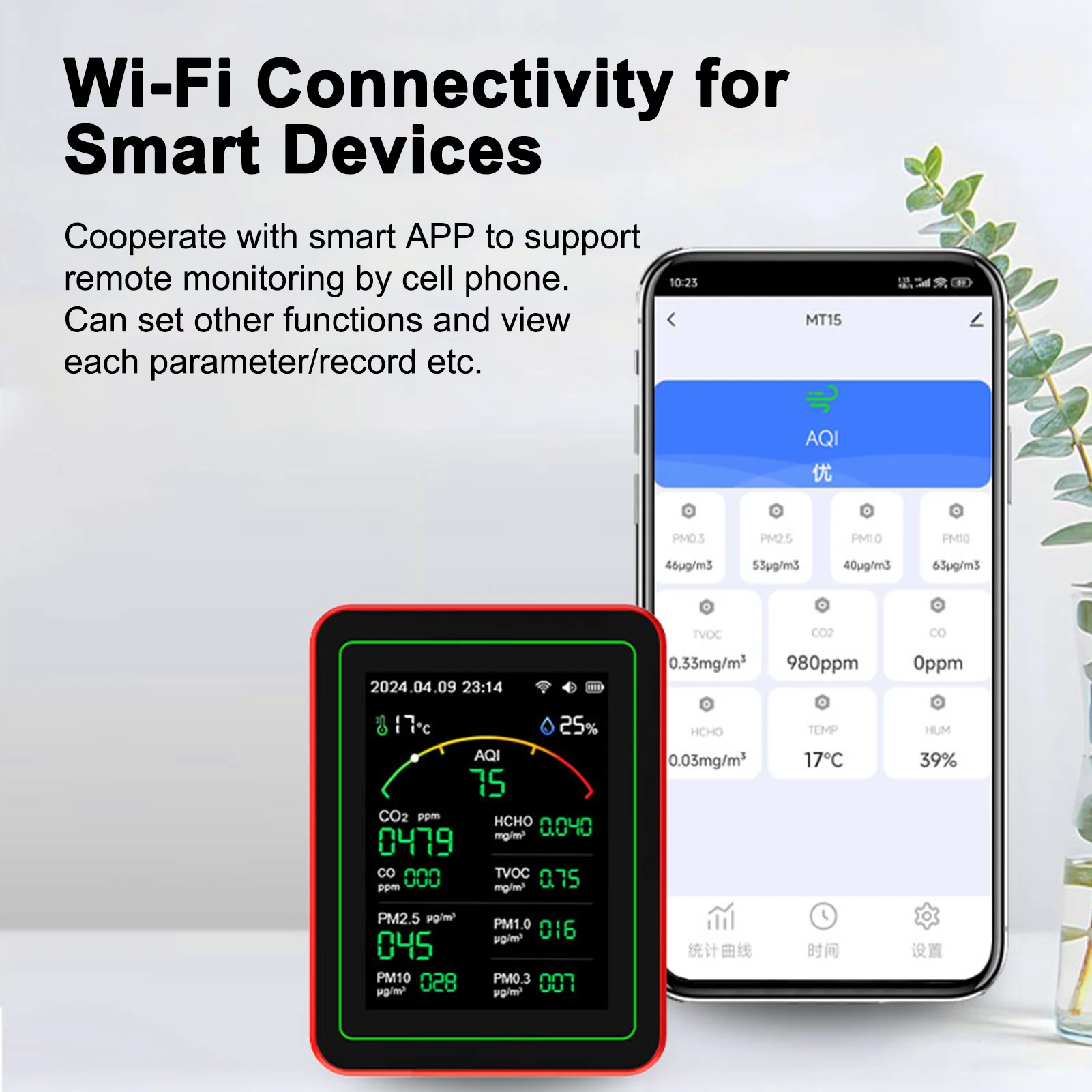 Tuya WiFi 15-in-1 مراقبة جودة الهواء CO/CO2/HCHO/TVOC/AQI/PM0.3/PM1.0/PM2.5/PM10/درجة الحرارة/الرطوبة/AQI جهاز اختبار جودة الهواء