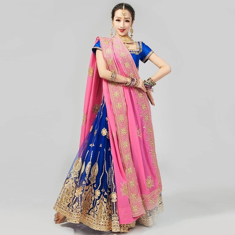 Luksusowy strój do tańca indyjskiego dla kobiet, krótki top, duża rozkloszowana spódnica, taniec brzucha, taniec bollywoodzki, strój sceniczny DQL12070