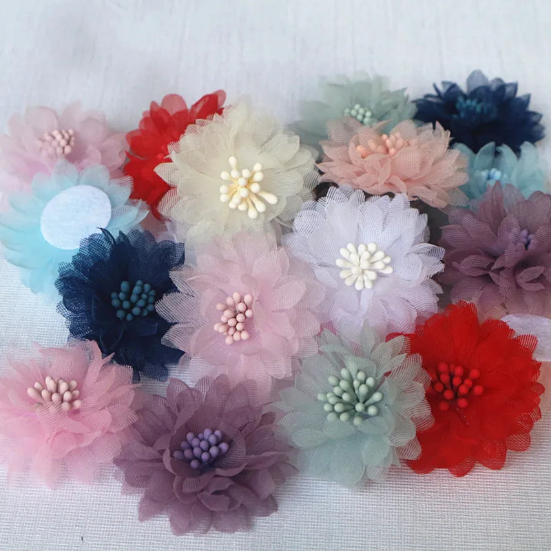 10Pcs 4CM Handmade Chiffon Fabric Cored Flowers For DIY Hair Accessories Hats Headband Wedding Dress Decoration