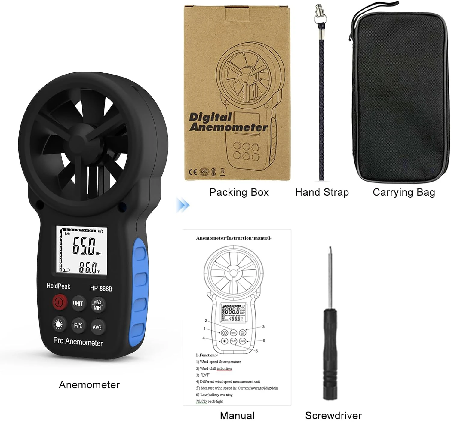 HP-866B Digital Anemometer Temperature Meter Mini Wind Meter Wind Speed Air Velocity Measuring Wind Sensor Windmeter 0-30m/s