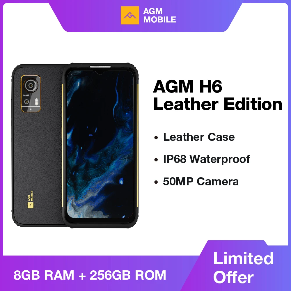 Wytrzymały wodoodporny smartfon AGM H6 Leather Edition 4G 50 MP Camrea 16+256 GB ROM, IP68/IP69K, 6,56" HD + obsługa NFC, Android 13