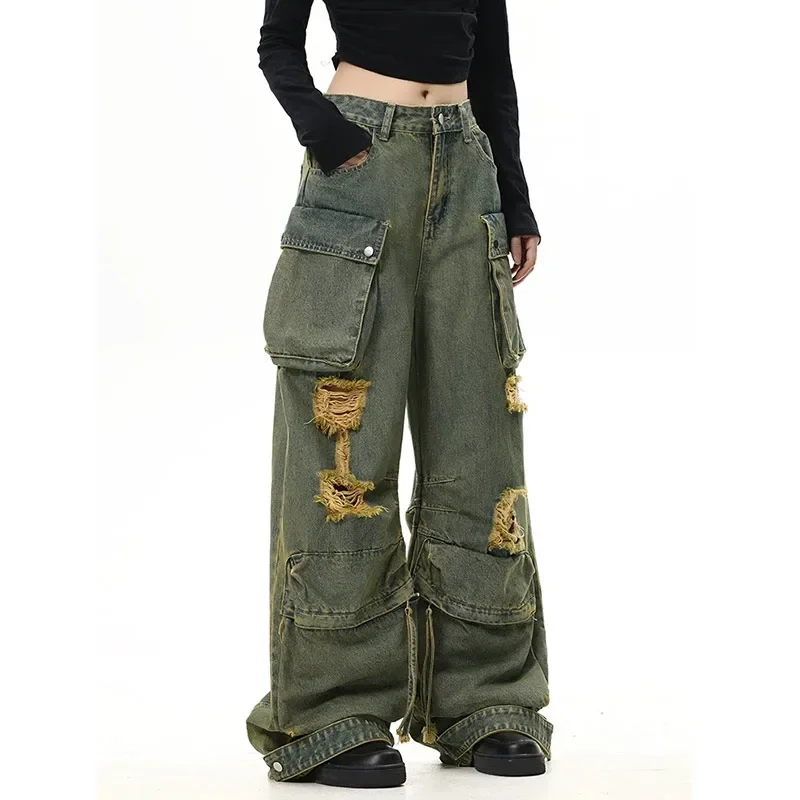 

Techwear Ripped Hole Cargo Pocket Green Jeans Women Vintage Y2K Streetwear Wide Leg Jean 2024 Baggy Denim Pants grunge hip hop