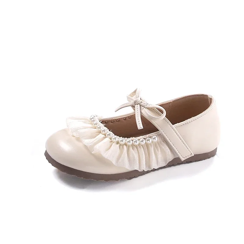 Chaussures de danse en dentelle plissée pour enfants, chaussures de princesse pour filles avec nœud simple, chaussures plates pour enfants, perles souples, nouveau, 2024