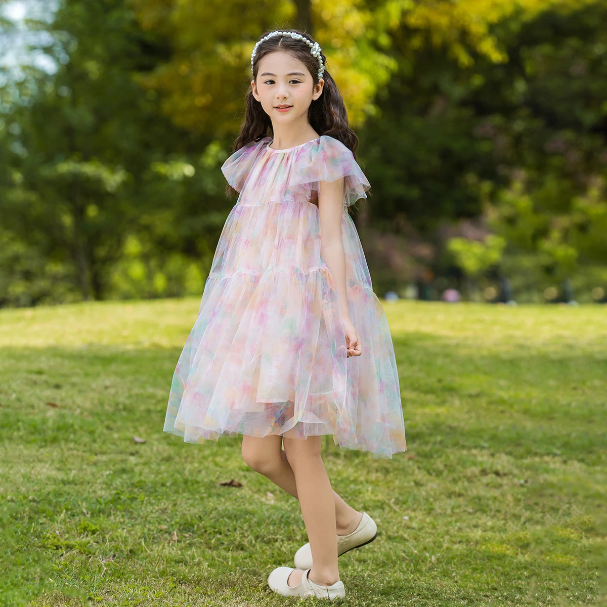 Sweet Kids Girl Summer Dress O-Neck Flying Sleeves Colorful Printed Tulle Vestidos Wedding Party Children\'s Dresses Outfit