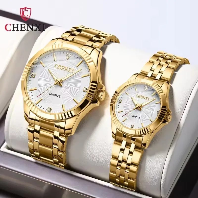 CHENXI 050A Luxury Couple Quartz Watch Business Watch Waterproof Steel Strip Unique Gold Men's and Women's Watch Date