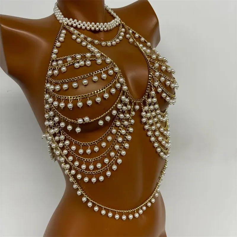 Damen Crop Top, mehrschichtige Perlenkette für den Körper, Neckholder, Perlen-Bralette mit Quasten, sexy, rückenfrei, für Nachtclub, Musikfestival, Rave-Party – Detail 7