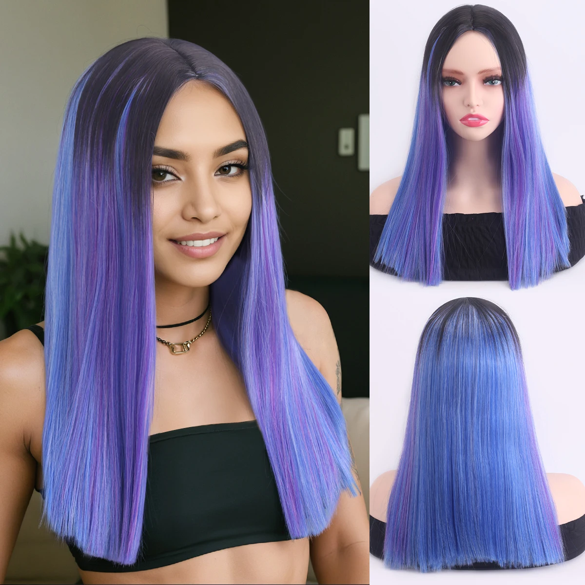 

Female wig with gradient straight hair, mid split long straight hair, European and American wig Synthetic fiber wig