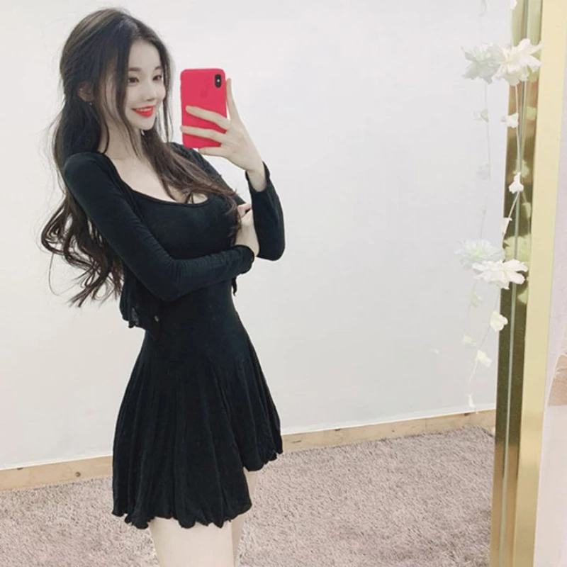 

Комплекты женские укороченные кардиганы мини-платья тонкие сексуальные нежные модные клубные элегантные женские платья Y2k эстетические Mujer Ulzzang Young