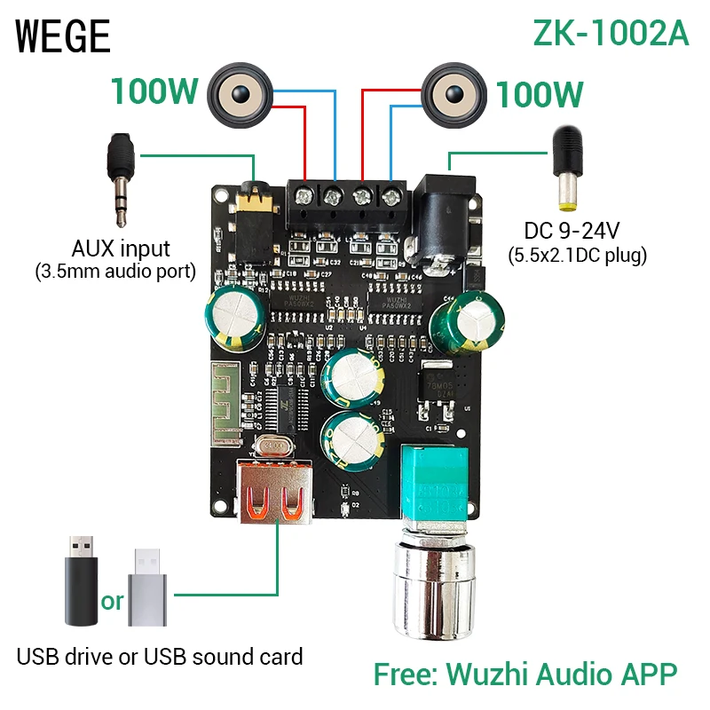 WEGE 502A 1002A 50Wx2 100Wx2 BT5.1 Digital Audio Power Amplifier Board AMP Stereo 2.0 Channel AUX Wireless Music Wuzhi Audio APP