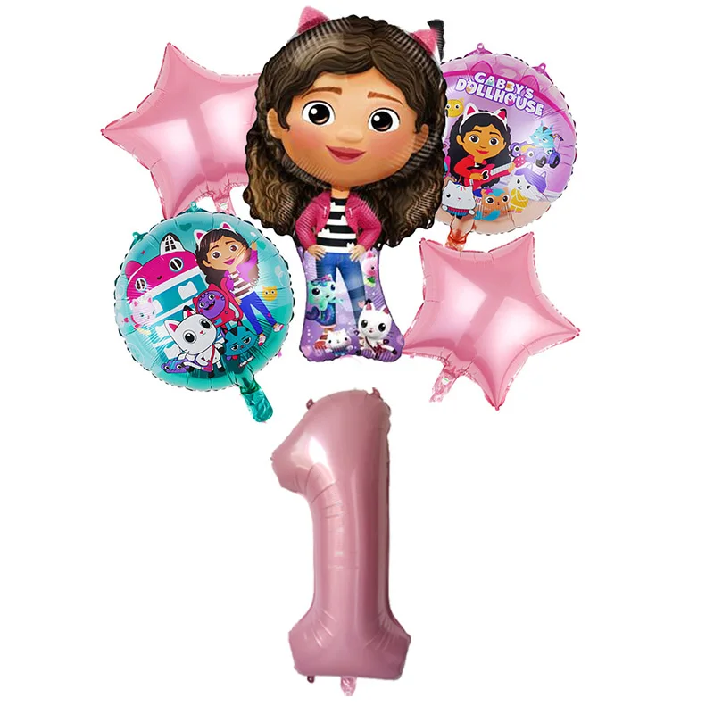 6pcs Gabby Dollhouse Pink Purple Number Balloon 1 2 3 4 5 st Girl Birthday Party Decoration Baby Shower Supplies Kids Toy Globos