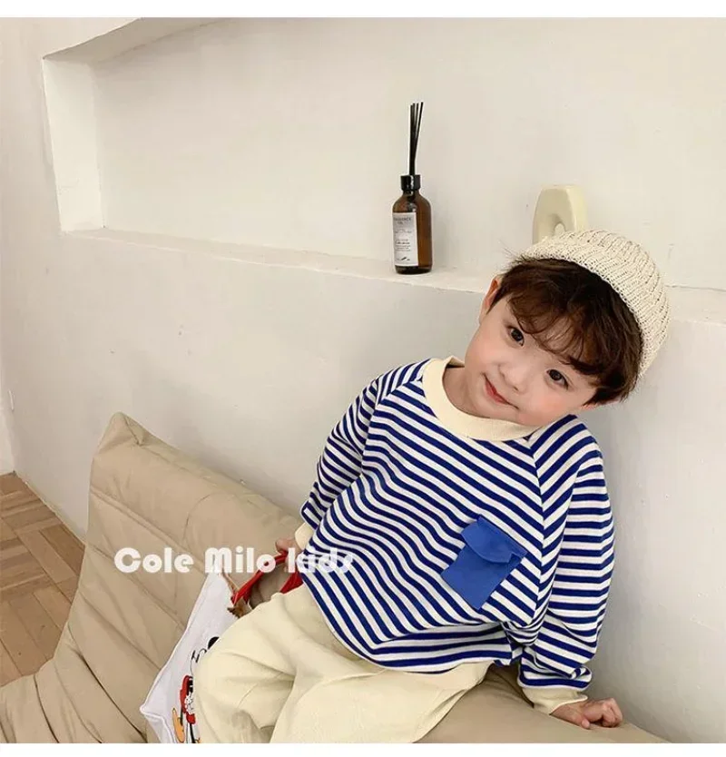 Spring Autumn Stripe Long Sleeves Sweatshirt Kids Boys' Loose Bat Sleeves Tops Girls'  Baby Boy Clothes