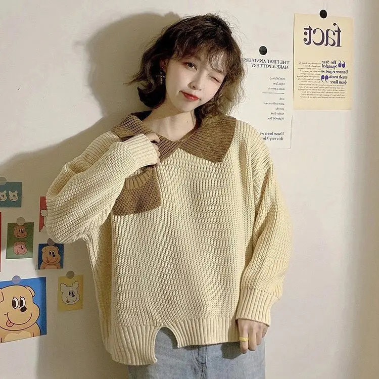 Autumn and winter Korean style tops for students with contrasting colors POLO collar loose ins long-sleeved sweater for women