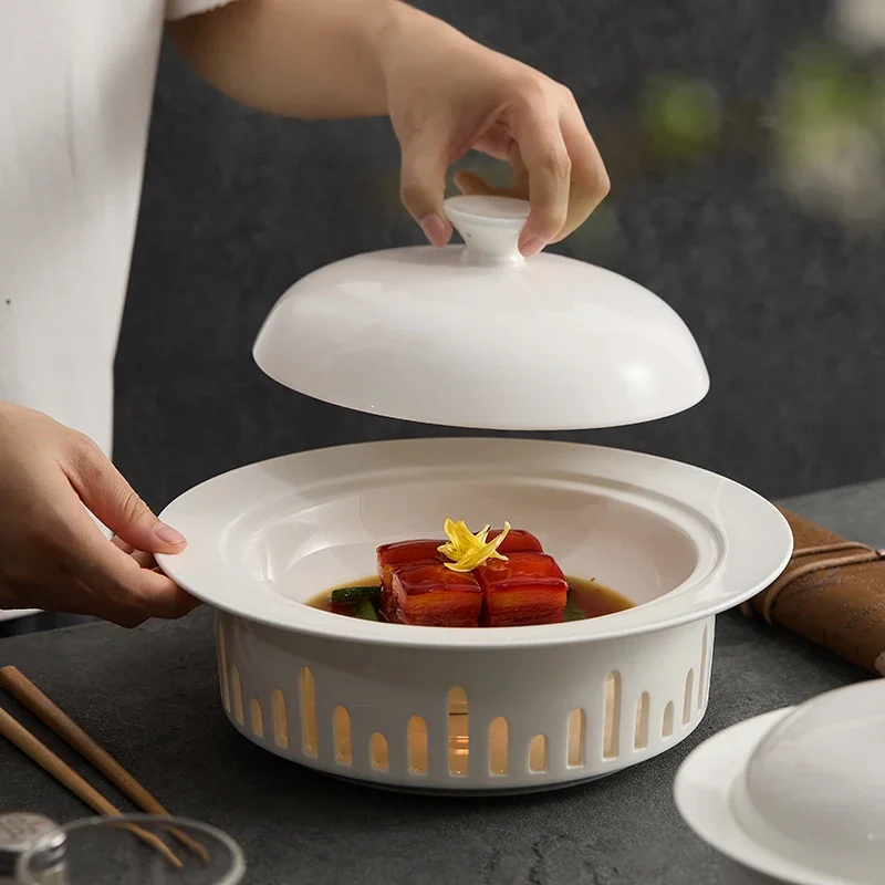 

Round Insulated Dish Plate with Cover Restaurant Ceramic Candle Heating Furnace High-end Hotel Griddle Dish Warm Dish Plate