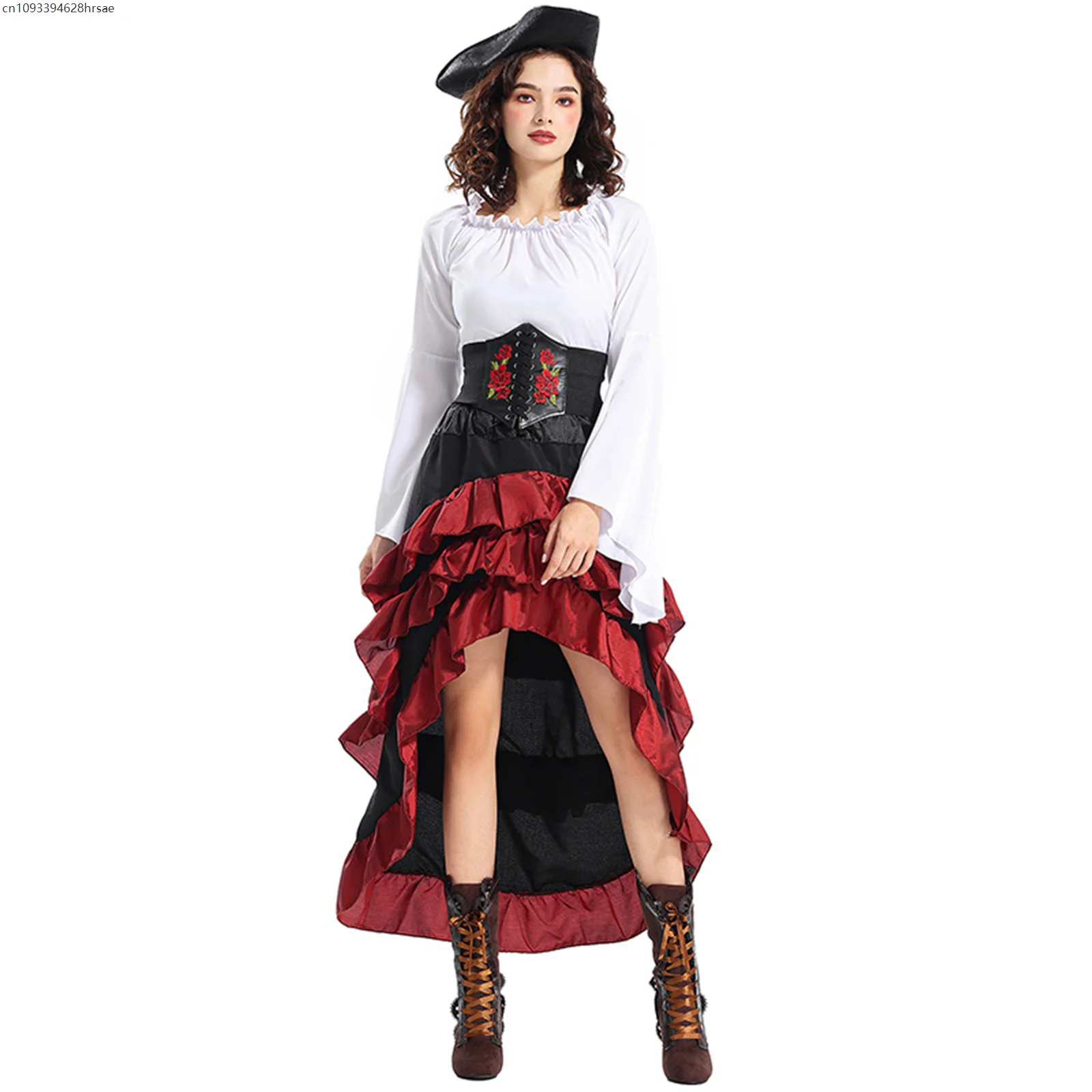 

OP1 Halloween Pirate Costumes Cosplay Vintage Steampunk Dress Victorian Medieval Ruffled Trim Gothic Skirts Women Corset Skirt