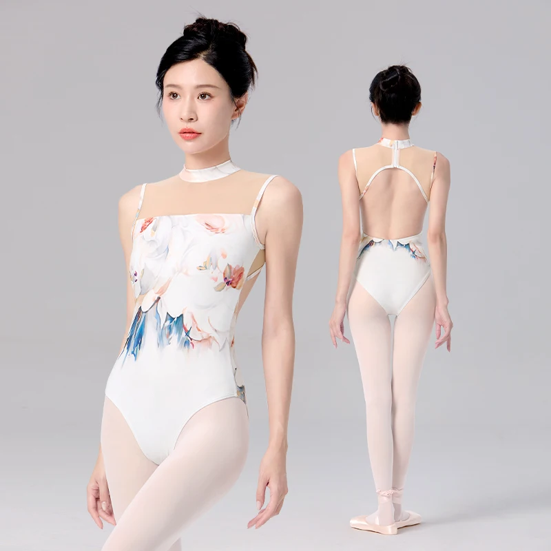 Women Stand Collar Ballet Leotards Sleeveless White Gymnastics Bodysuits Adult Teen Mesh Splicing Ballet Dance Leotards