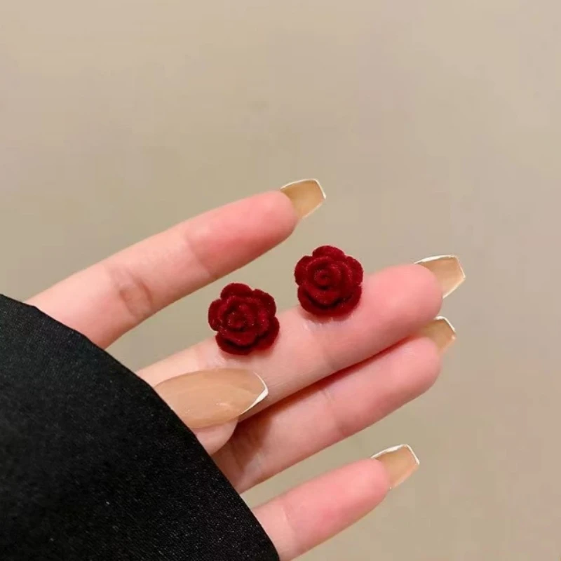 Wine Red Flocking Flower Velvet Small Exquisite Stud Earrings for Women Korean Lovely Temperament Jewelry Lady Brincos Girl Gift - view 2