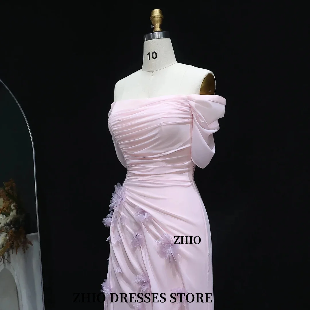ZHIO Elegant Pink 3D Flower Shoulder Stripping Formal Evening Dress Chiffon Women Wedding Dress Prom Dress Customized