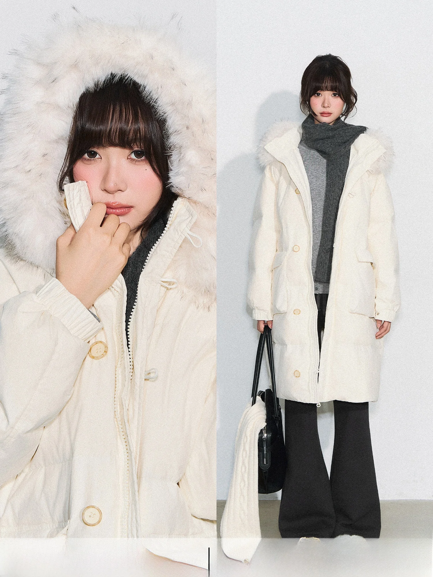 

Пуховик CyNi Puffy Dr Thiened с капюшоном на молнии, со съемным меховым воротником, средней длины, теплый, повседневный, с наполнителем из пуха.