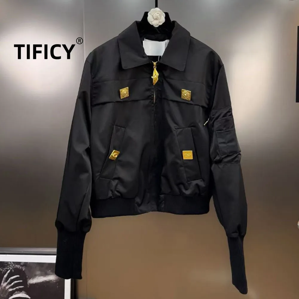 

High Street темно-осенние куртки женские ретро тяжелые металлические украшения дизайн с лацканами и длинными рукавами уличная черная куртка