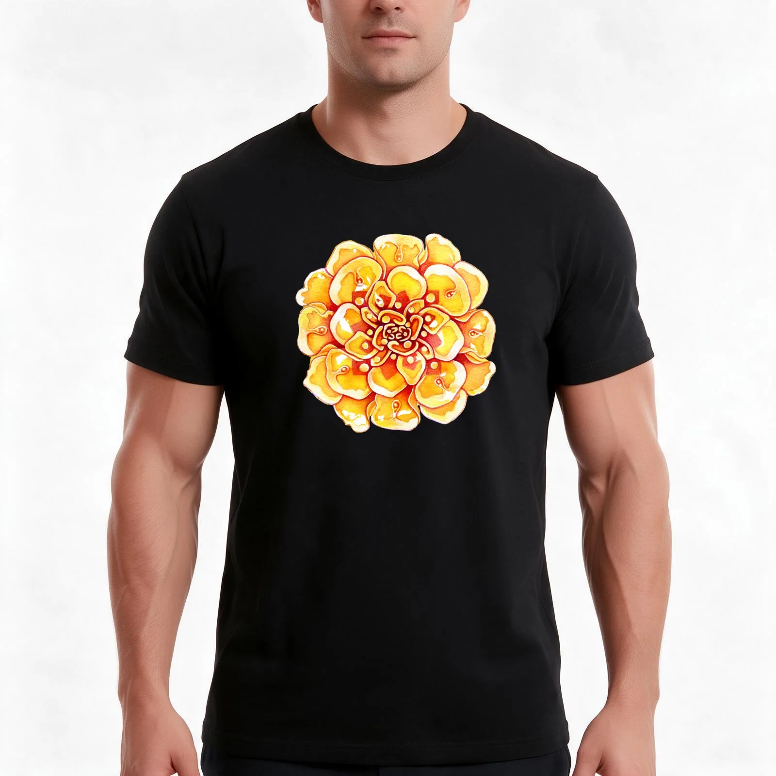 Marigold Mandala T-Shirt, Summer Casual Cotton Tee, Oversized Streetwear Tops, Vintage Graphic Print, Loose Fit Short Sleeve