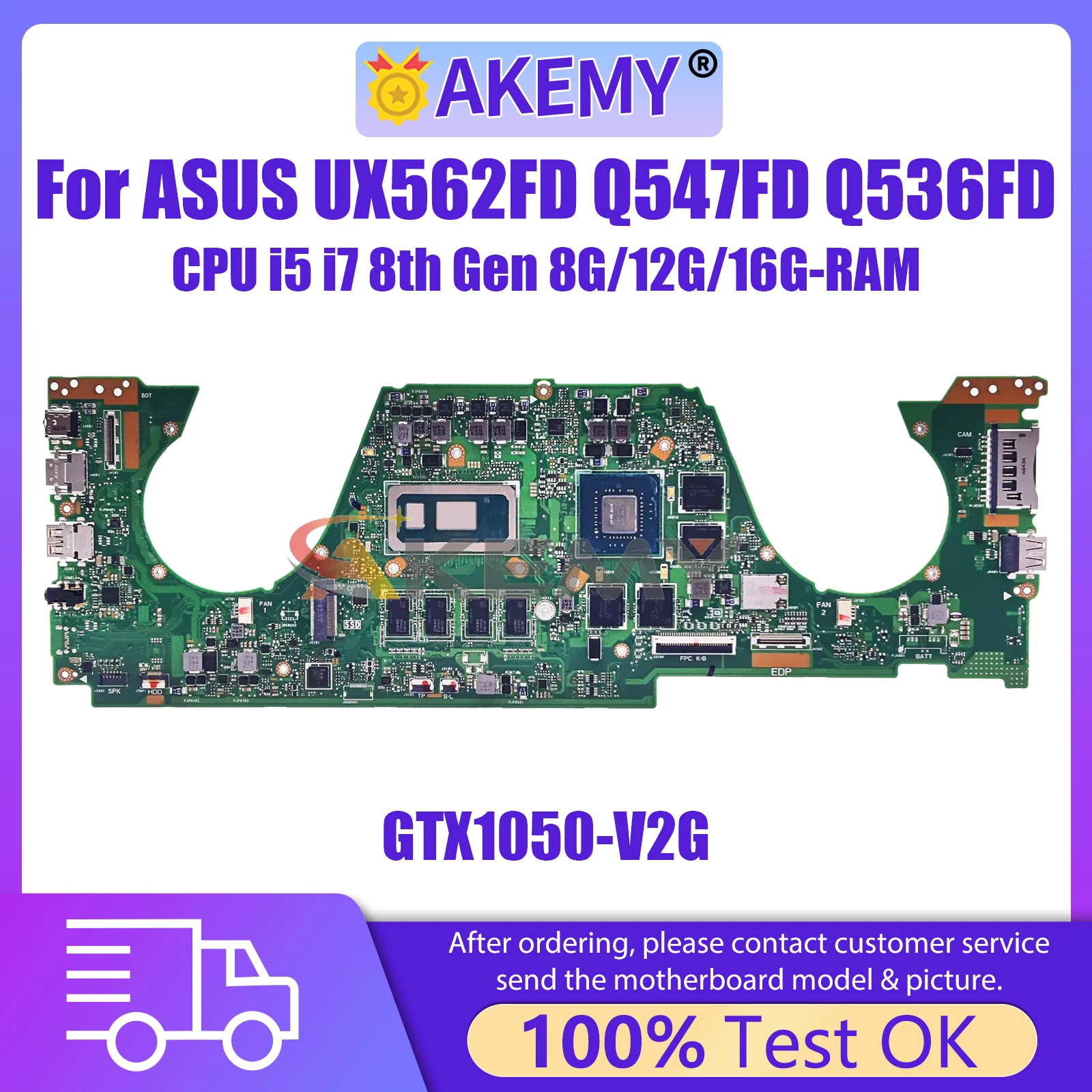 AKEMY UX562FD Laptop Motherboard For ASUS Zenbook Q547FD Q536FD UX562F Mainboard with i5 i7 8th Gen CPU 8G/12G/16G RAM GTX1050