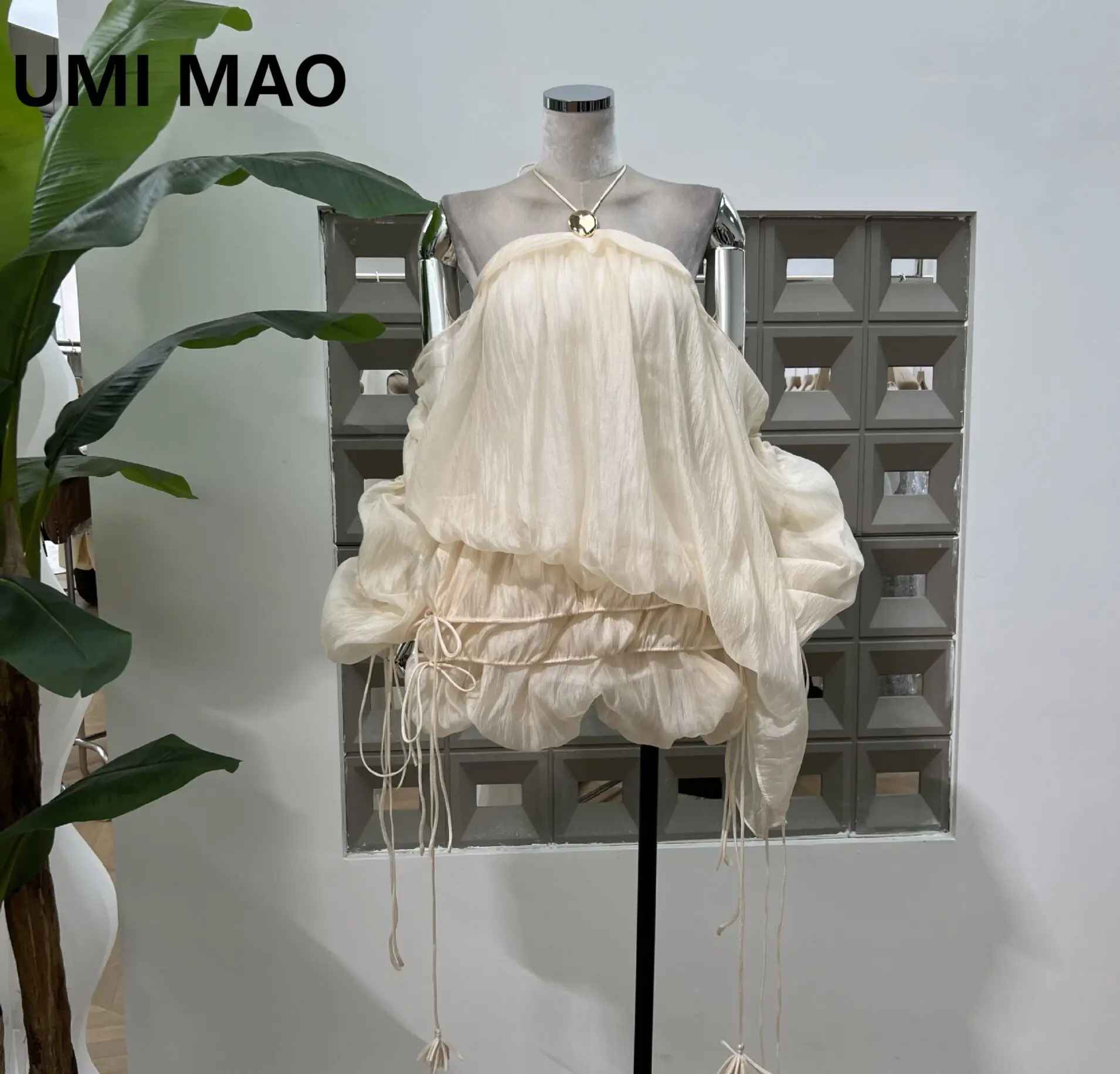 

UMI MAO Summer Fashion Pure Desire Romantic Tassel Lace Fold Puff Drawstring Hanging Neck Off Shoulder Dress Elegant Looks Thin