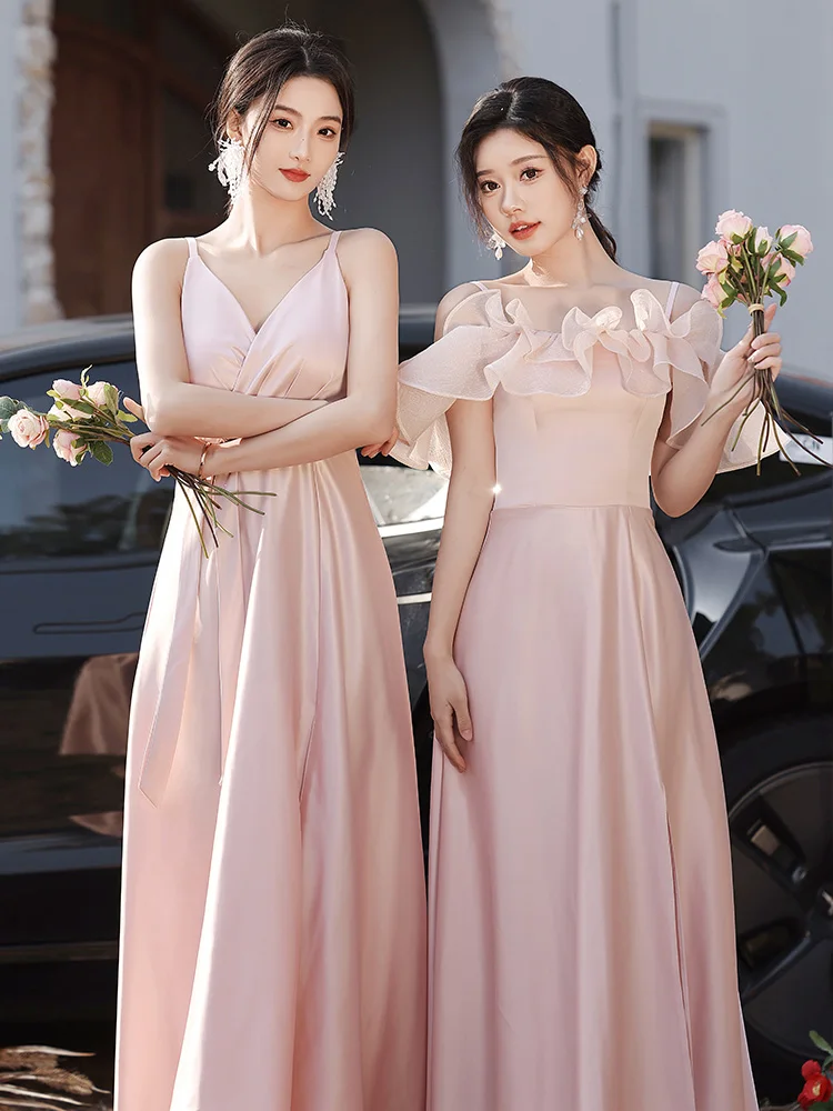 Pink Satin Bridesmaid Dresses Elegant Sleeveless Split Suspender Wedding Party Dress Sister Group Formal Evening Gowns