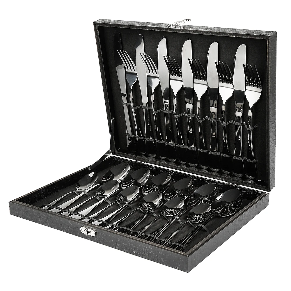 Besteckset 24-teilig aus Edelstahl für 6 Personen, Küchenmesser- und Gabelset mit Geschenkbox für Zuhause, Küche, Restaurant - Schwarz