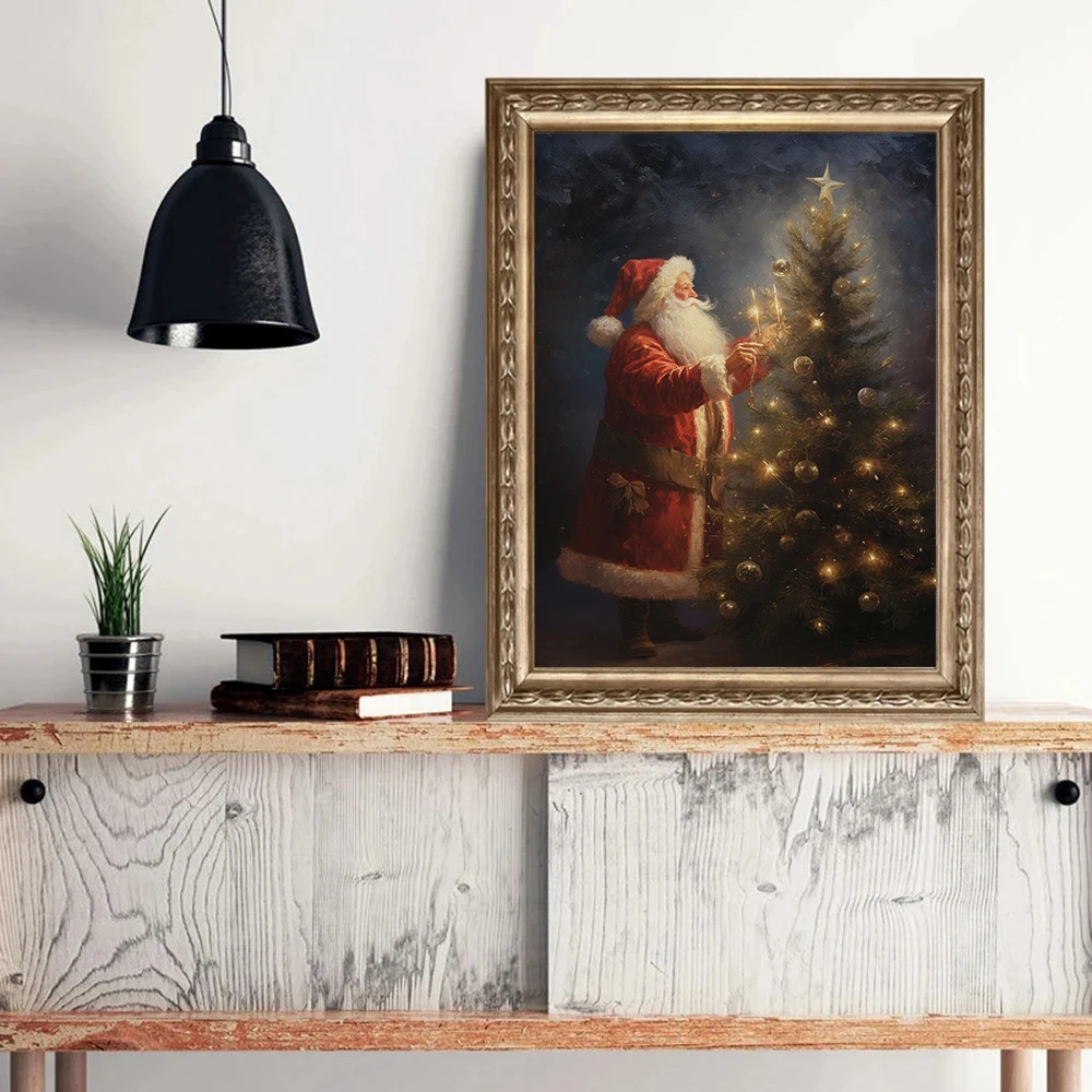 Vintage Rustic Santa Claus Portrait Cozy Christmas Tree Winter Landscape Poster Canvas Painting Wall Art Pictures Home Decor