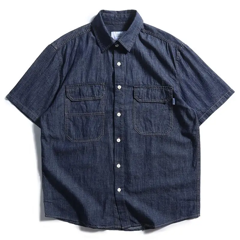 

Retro Japanese Style Loose Fit Men's Denim Shirt Short Sleeve Trendy Brand Summer Casual Half Sleeve Workwear Streetwear