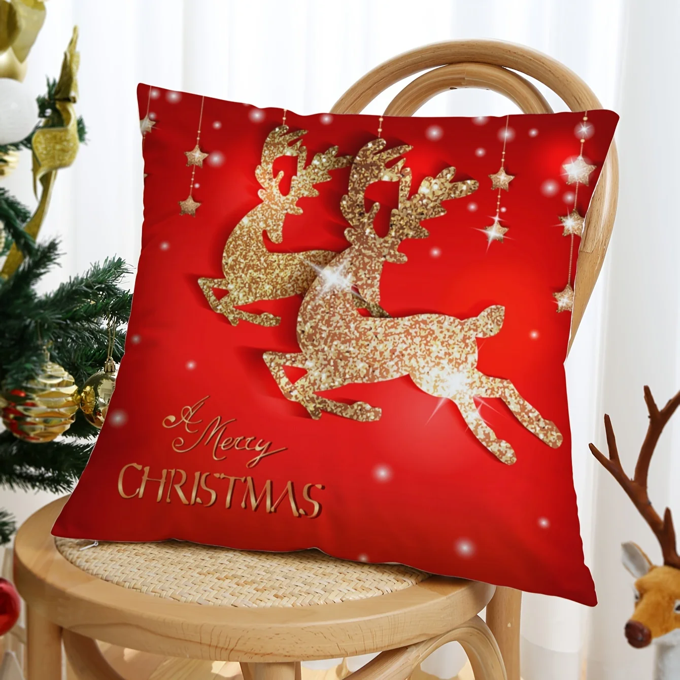 1pc Golden Reindeer with Stars Printed Throw Pillow Cover 100% Polyester for Living Room Decor Satin Fabric Cushion Cover