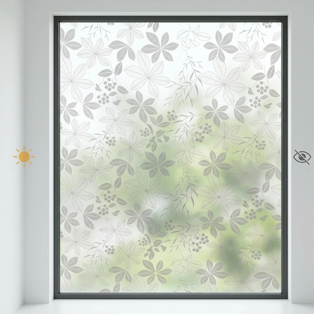 Grey Plant Leaf & Berry Frosted Window Film Self-Adhesive Anti-Peep Privacy Glass Decal for Home Bathroom Office Decor