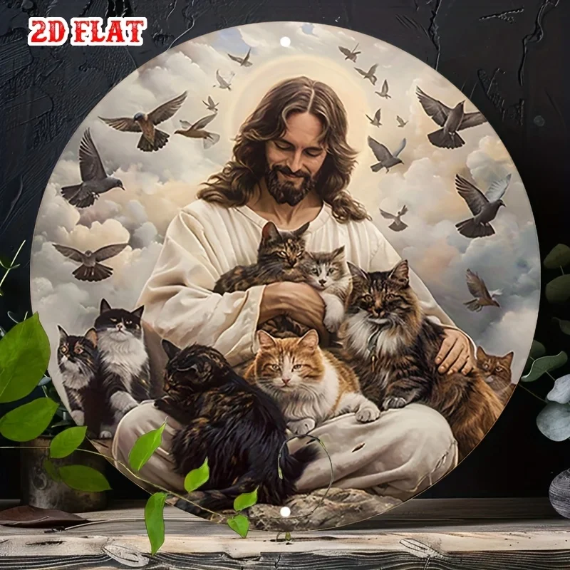 Vintage Jesus mit Katzen Wandkunst Rundes Aluminium Metallschild für Home Bar Cafe Dekor