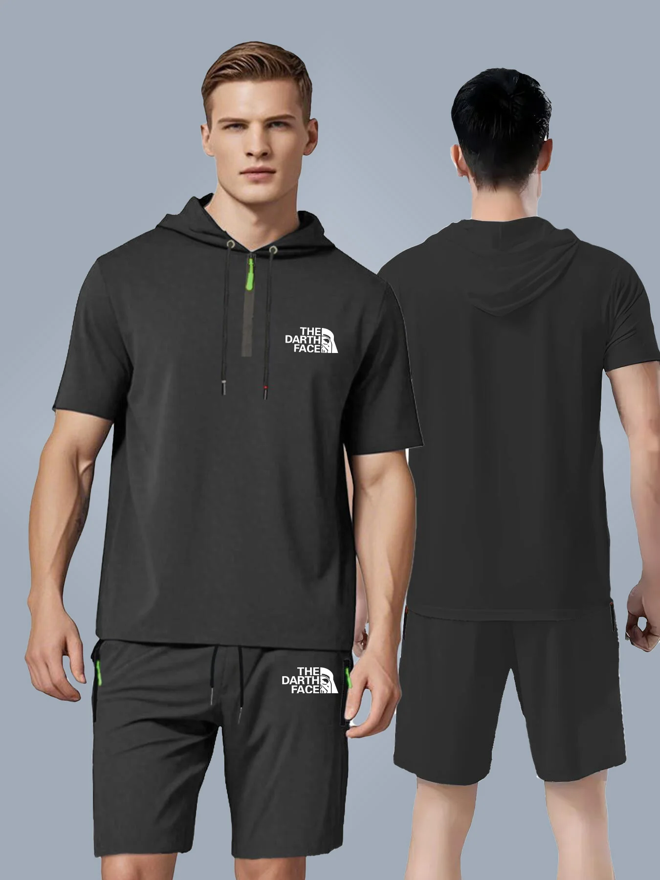 

Summer Sets Men Jersey T-Shirts and Shorts Outfit Two-Piece Hooded T-Shirt Zipper Pocket Shorts Fashion Loose Oversize Clothing