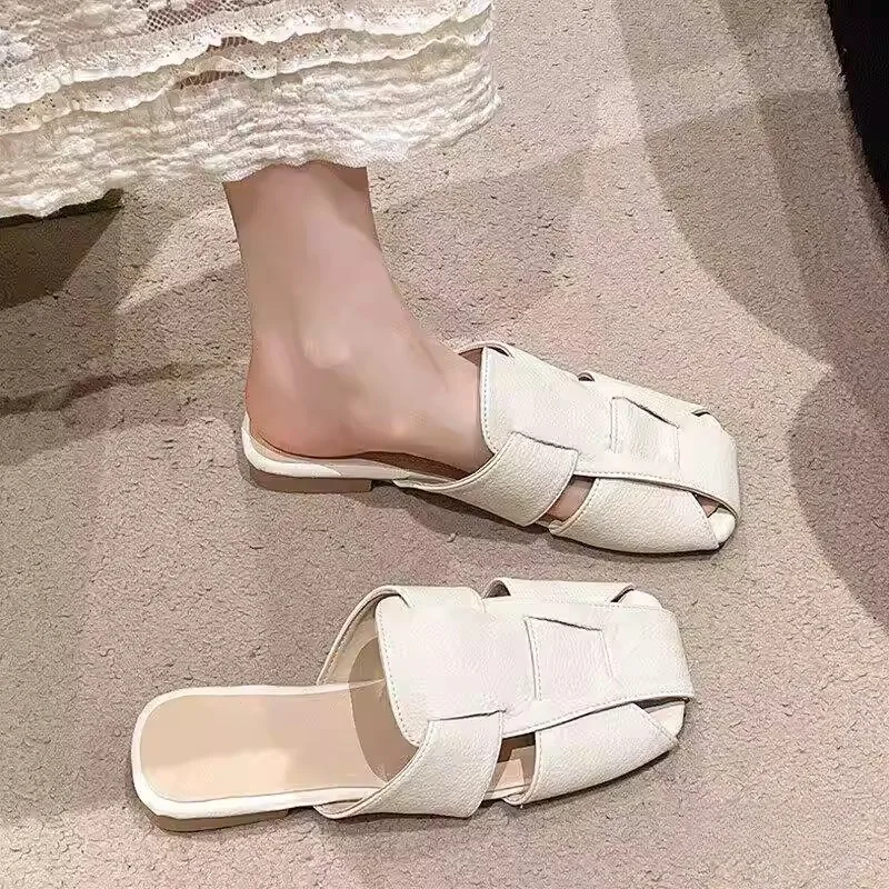 

Korean Style Women's Flat Bottom Mules Summer Open Toe Sandals Breathable Woven Hollow out Slippers Casual Slip-On Shoes