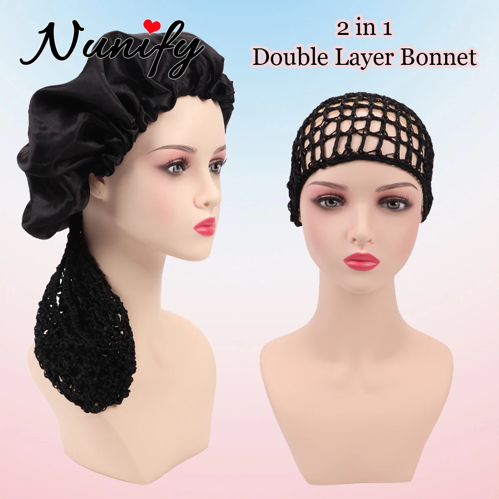 2 In 1 Wig Cap Thick Long Hair Caps Adjustable Double Layer Sleep Cap Detachable Hair Night Bonnet For Braided &Curly Hairstyles