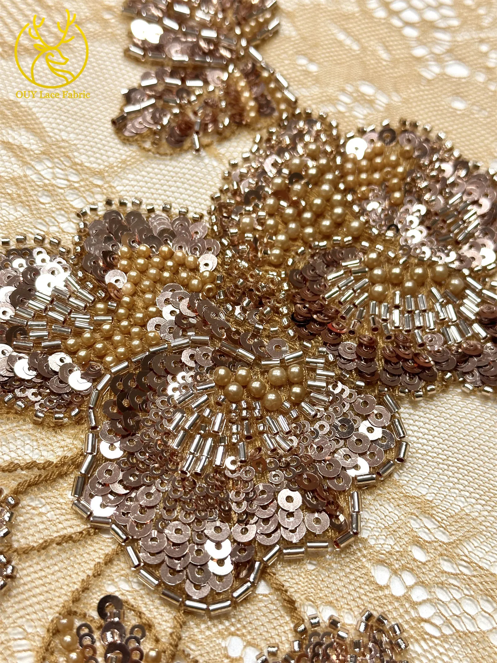 Afrikanischer Perlen-Spitzenstoff, 5 Yards luxuriöser nigerianischer französischer Pailletten-Spitzenstoff, ideal zum Nähen von Damen-Partykleidern – Detail 7