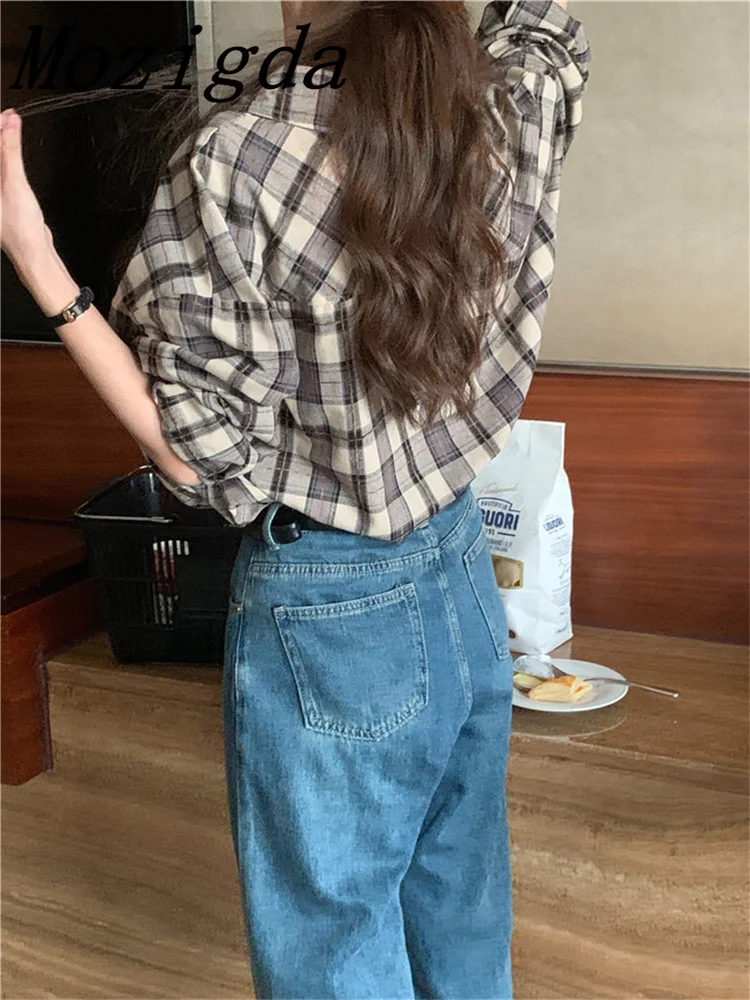 Spring Summer Ladies Blouses Shirts Tops Checkered Wild Pockets Vintage Chic Oversized Korean Fashion Women