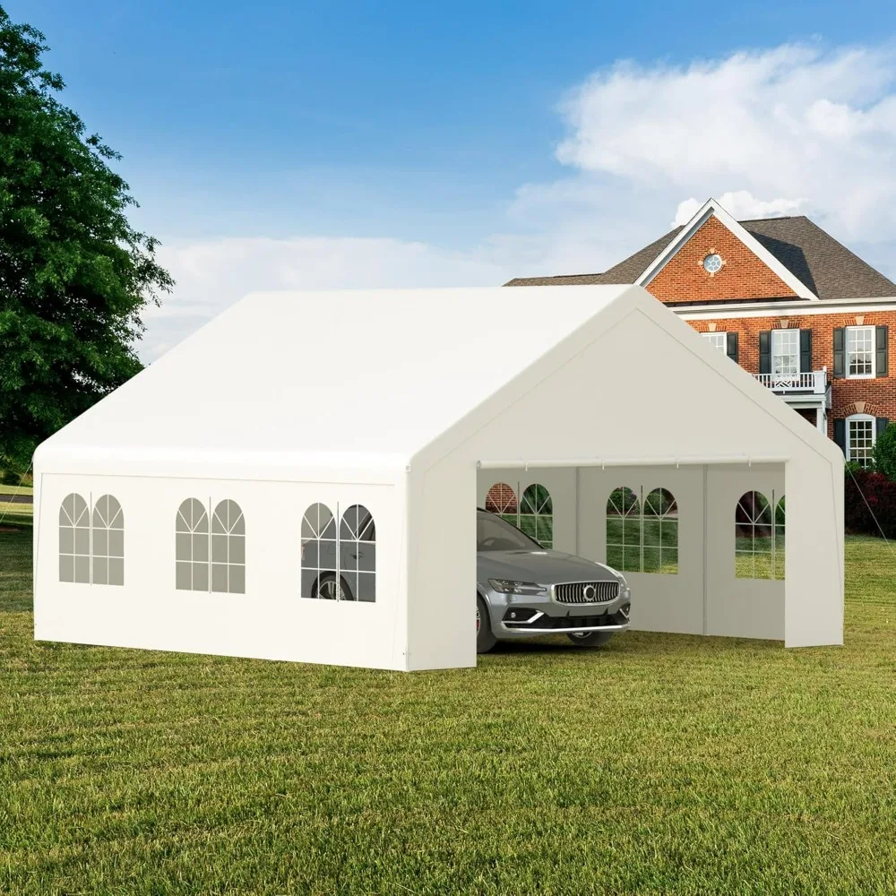 20' x 20' Heavy Duty Carport with Roll-up Visual Windows, Reinforced Party Tent with Removable Sidewalls & Doors for Parties