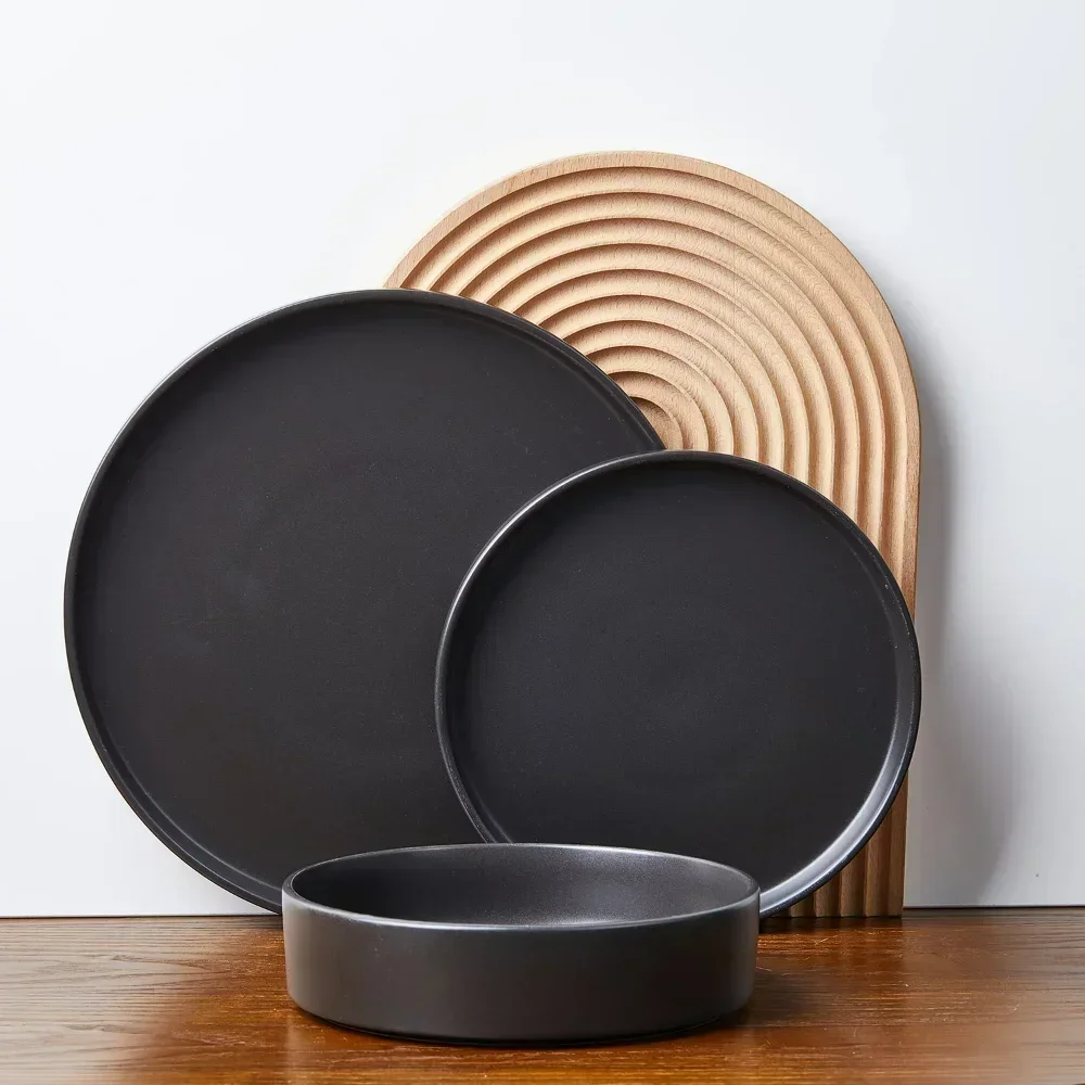 

Cecile Stoneware 12-Piece Round Dinnerware Set, PB, Black Dinnerware Sets, Dinner Plates, Plates and Bowls Sets Round Plate